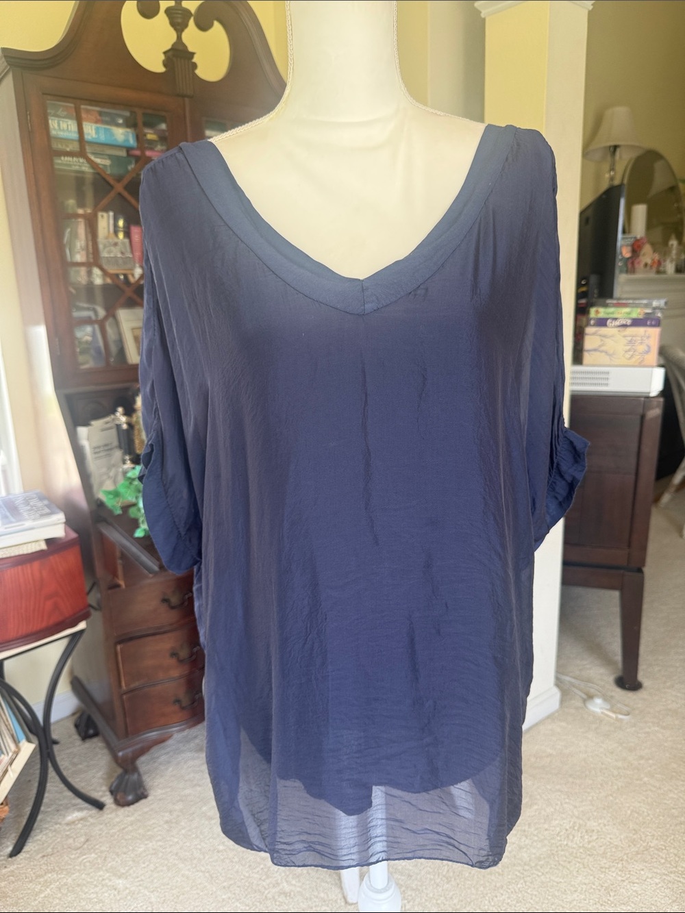 "M" Silk blend Made in Italy Navy double layer Vintage relax fit tunic top women